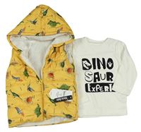 Nové - 2set - Žlutá šusťáková zateplená vesta s dinosaury a kapucí + smetanové triko s nápisem