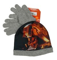 Nové - 2 Set -  Oranžovo-šedá pletená čepice se Star Wars + pletené prstové rukavice
