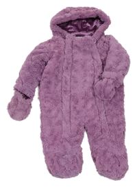 Fialová kožešinová zateplená kombinéza s kapucí + rukavice F&F
