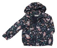 Tmavomodrá šusťáková podzimní bunda se zvířátky a kapucí H&M