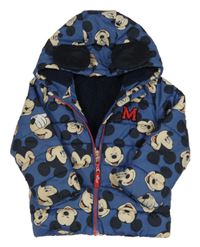 Modrá melírovaná šusťáková prošívaná zimní bunda s Mickeym a kapucí Disney