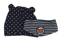 2Set - Tmavomodrá čepice s hvězdičkami a oušky Topomini + tmavomodro/bílý pruhovaný šátek s liškou 