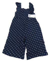 Nové - tmavomodro-bílý puntíkatý kalhotový culottes overal s volánky F&F