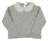 Šedý melírovaný oversize svetr s bílým límečkem s madeirou PRIMARK