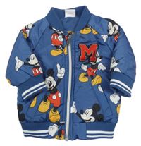 Tmavomodrý šusťákový zateplený bomber s Mickey a pruhy Disney