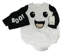 Nové - Kostým - 2set - Bílo-černé plyšové zateplené body - duch + čepice C&A
