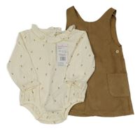 Nové - 2set - Béžové semišové šaty + smetanové body s kytičkami a límečkem F&F