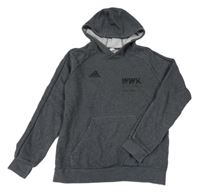 Šedá melírovaná mikina s nápisem a kapucí Adidas