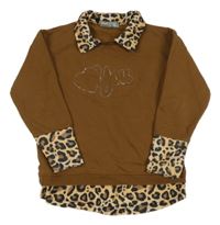 Hnědé triko s leopardím lemem a límečkem 