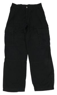 Černé plátěné cargo široké kalhoty H&M