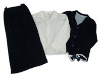 4set - Tmavomodré manšestrové sako + kalhoty + bílá košile + motýlek 