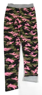 Khaki-černo-neonově růžové army zateplené legíny