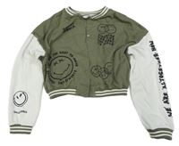 Khaki-šedá baseballová crop mikina se smajlíky H&M