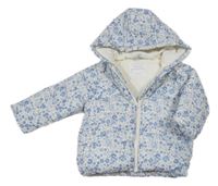 Modro-bílá květovaná šusťáková zimní bunda s kapucí Primark