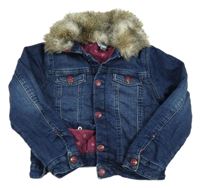 Tmavomodrá riflová zateplená crop bunda s kožešinovým límečkem H&M