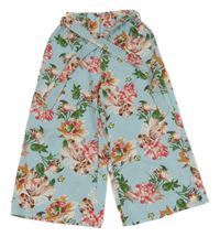 Bílo-modré pruhované lehké culottes kalhoty s květinami a páskem Shein