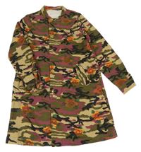 Khaki-černo-vínové army riflové propínací šaty s květinami Shein