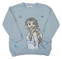 Světlemodrý chlupatý svetr s Elsou z flitrů Disney 