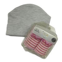 2 set - šedá melírovaná čepice + růžové pruhované ponožky 
