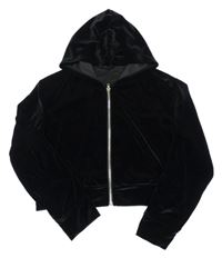 Černá sametová propínací crop mikina s nápisem z kamínků a kapucí 