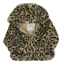 Béžovo-černá kožešinová podšitá bunda s leopardím vzorem a kapucí Primark