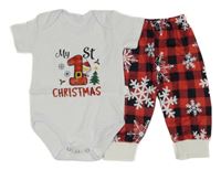 2set - Bílé body s číslem + červeno-černo-bílé kostkované tepláky s vločkami 
