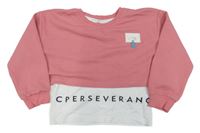 Růžová žebrovaná oversize crop mikina s nášivkou a všitým bílým topem s nápisem