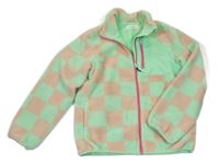 Zeleno-béžová huňatá podšitá kostkovaná propínací bunda H&M