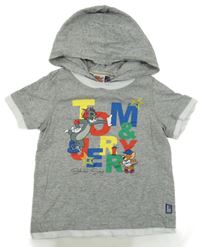 Šedé melírované tričko s Tomem s Jerrym a kapucí