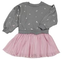 Šedo-růžové teplákovo/plisované šaty s kytičkami PRIMARK 