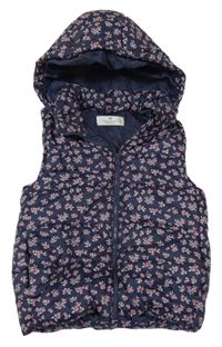 Tmavomodrá šusťáková květovaná zateplená vesta s odepínací kapucí H&M