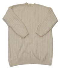Smetanové žebrované úpletové vlněné šaty H&M