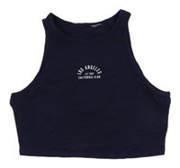 Tmavomodrý crop top s nápisem 