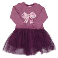 Vínovo-purpurové vzorované teplákovo/tylové šaty s mašlí Kids