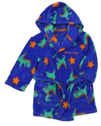 Modrý chlupatý župan s dinosaury a kapucí 