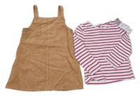 Nové - 2set - Bílo-fialové pruhované triko + hnědé laclové manšestrové šaty Primark