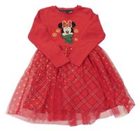 Červené žebrované šaty s Minnie a tylovou sukní a vločkami Disney