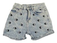 Světlemodré mom riflové kraťasy s jing-jang výšivkami Denim Co.
