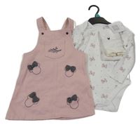 Nové - 3 set - světlerůžové riflové laclové šaty s Minnie + bílé body s mašličkami + bílé punčocháče Disney