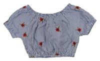 Modro-bílé pruhované crop tričko s květy 