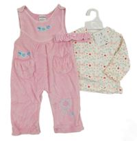 Nové - 3Set - Růžové sametové laclové tepláky s květy + smetanové triko s kytičkami a srdíčky a límečkem + čelenka JUST TOO CUTE
