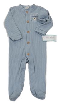 Nové - 2 Set -  Modrošedý žebrovaný overal s méďou + rukavice baby gear