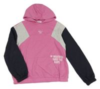 Růžovo-tmavomodro-šedá mikina s nápisem a kapucí Primark