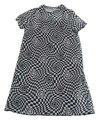 Černo-šedé kostkované síťované šaty se srdíčky Primark