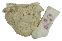2set - Béžové květované kalhotky na plenku + smetanové podkolenky s květinami