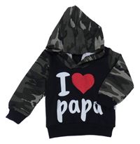 Černo-khaki mikina s nápisem a army rukávy a kapucí 