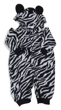 Černo-bílá vzorovaná fleecová kombinéza s kapucí - zebra
