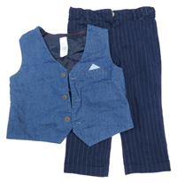 2set - Tmavomodré proužkované plátěné kalhoty + modrá riflová vesta C&A