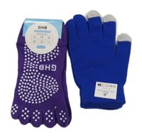 Nové - 2Set - Tmavofialové prstové ponožky + safírovo/světlešedé prstové rukavice 