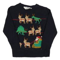 Tmavomodrý vánoční svetr s dinosaury a soby a Santou H&M